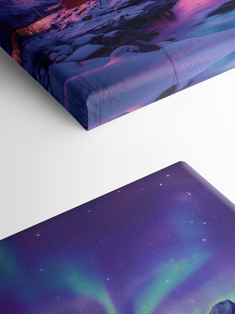 Snowy landscape with mountains and a lake