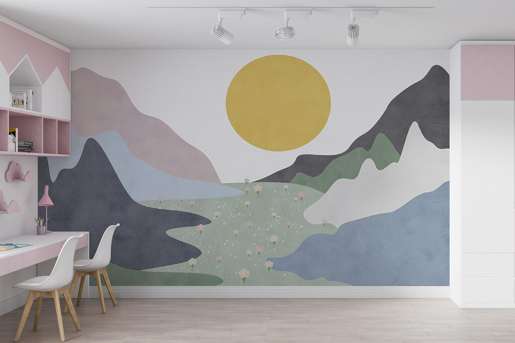 A landscape with mountains and flowers