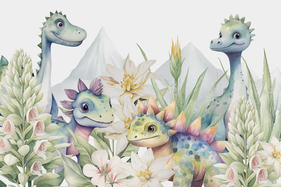 Grup de dinozauri înconjurat de flori