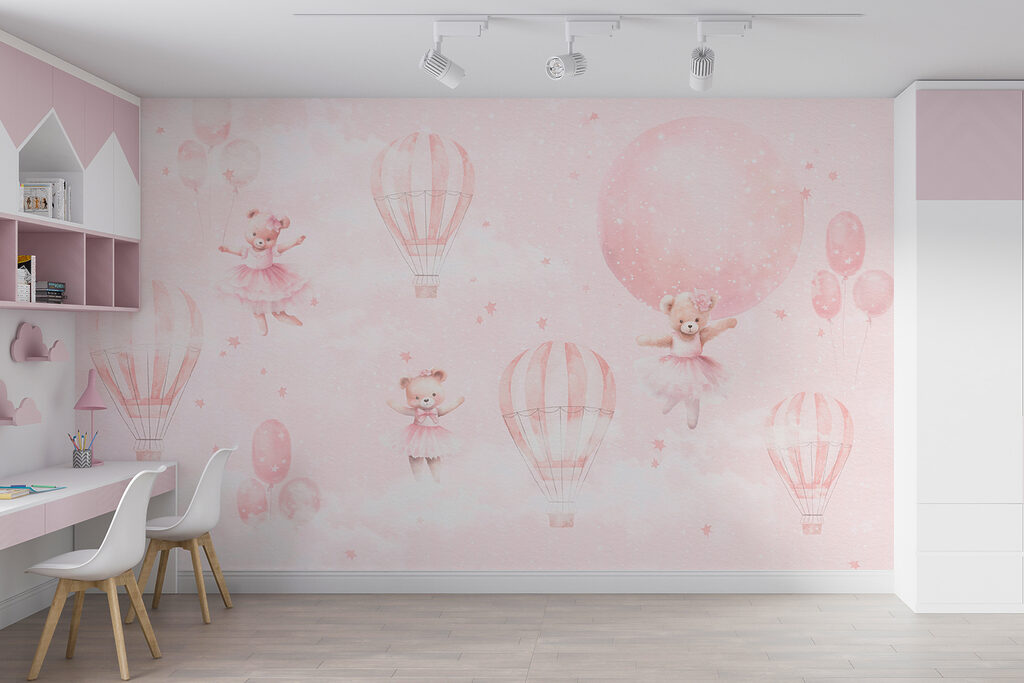 A pink background with teddy bears and hot air balloons A pink background with teddy bears and hot air balloons