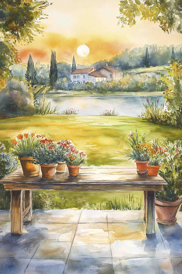 Pictura acuarelă a unei mese cu plante în ghiveci pe ea Pictura acuarelă a unei mese cu plante în ghiveci pe ea