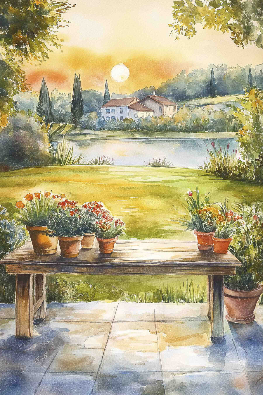 Pictura acuarelă a unei mese cu plante în ghiveci pe ea
