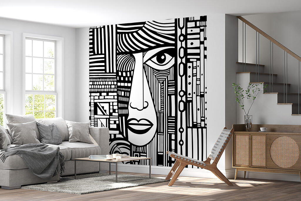 A black and white drawing of a face