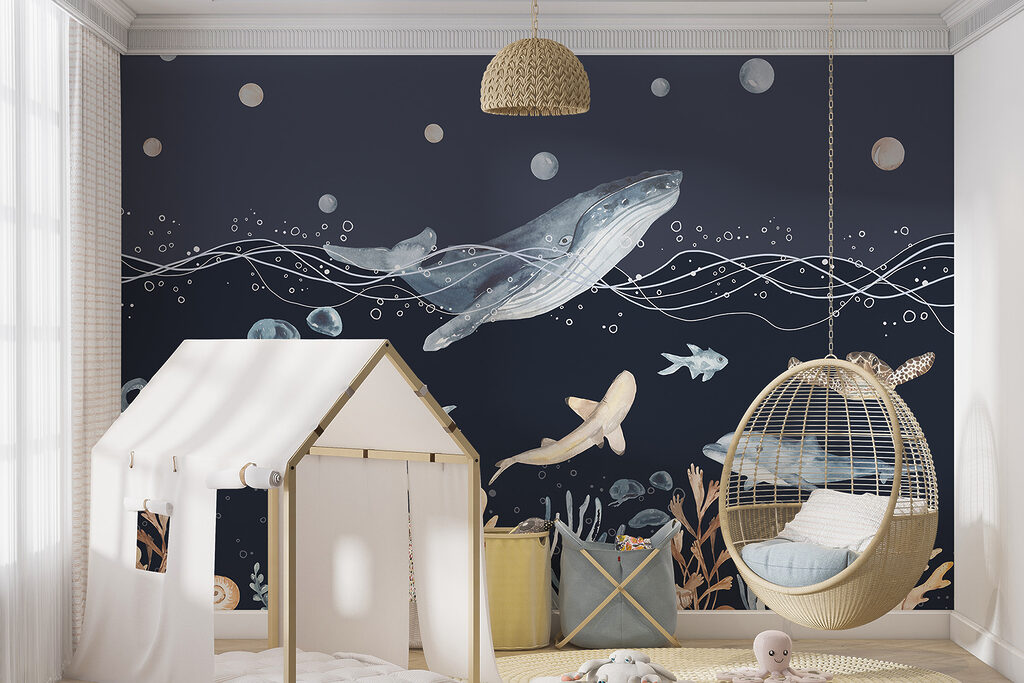 A watercolor of a whale and fish