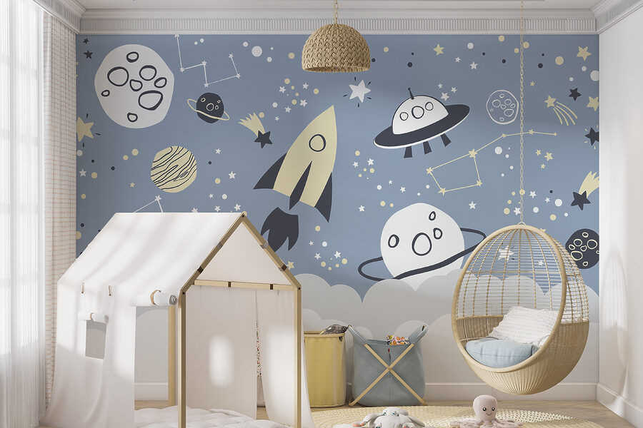 O scenă spațială de desene animate cu planete și stele
