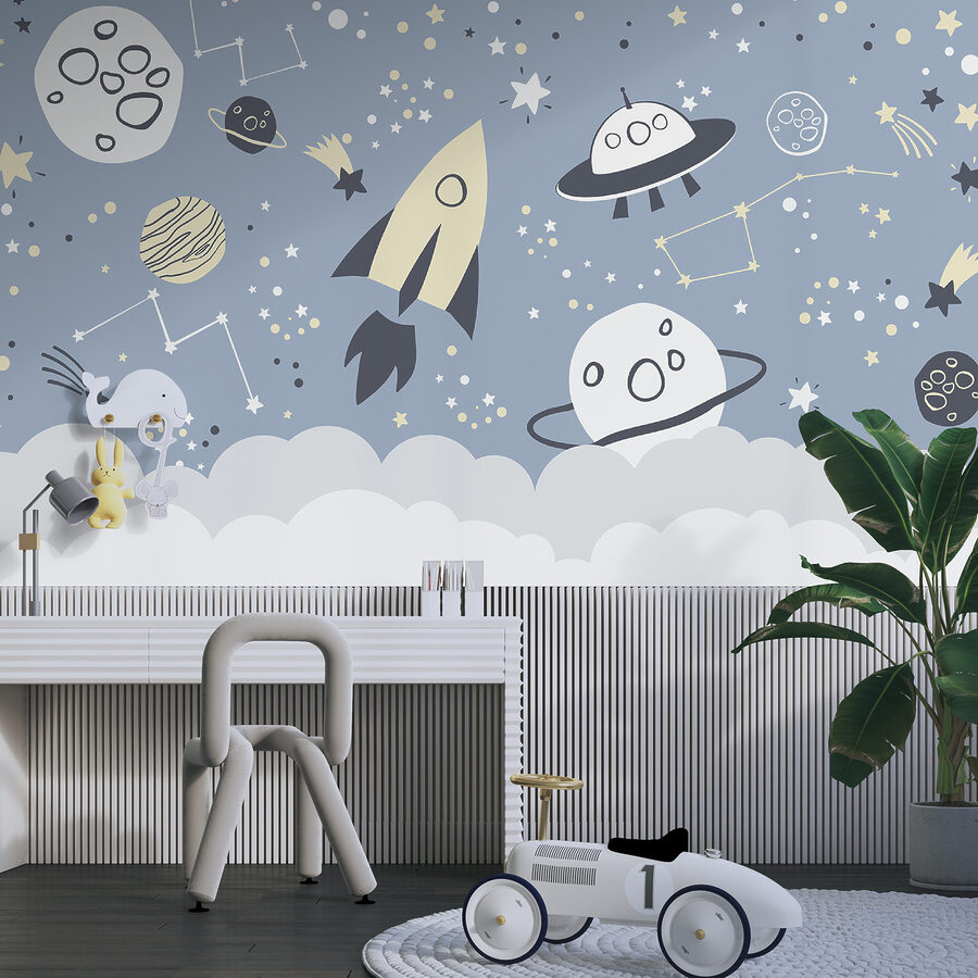 O scenă spațială de desene animate cu planete și stele