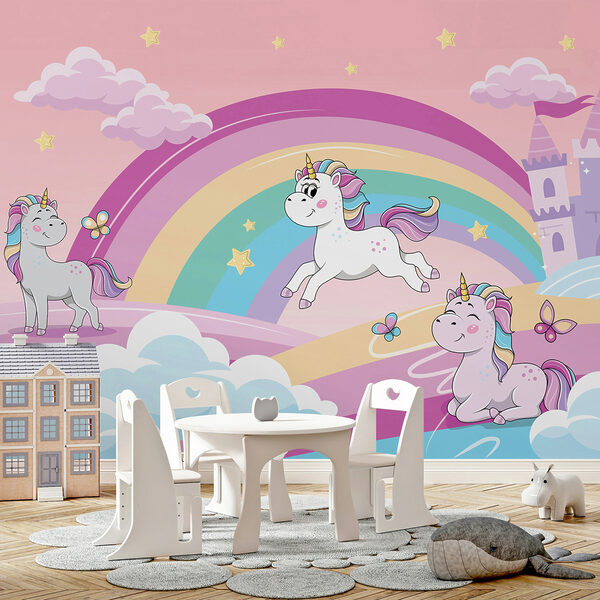 Un desen animat unicorni și un curcubeu Un desen animat unicorni și un curcubeu