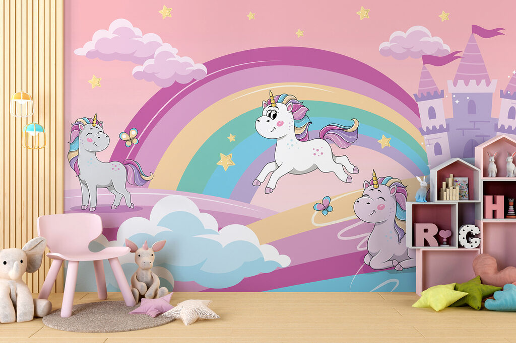 A cartoon unicorns and a rainbow