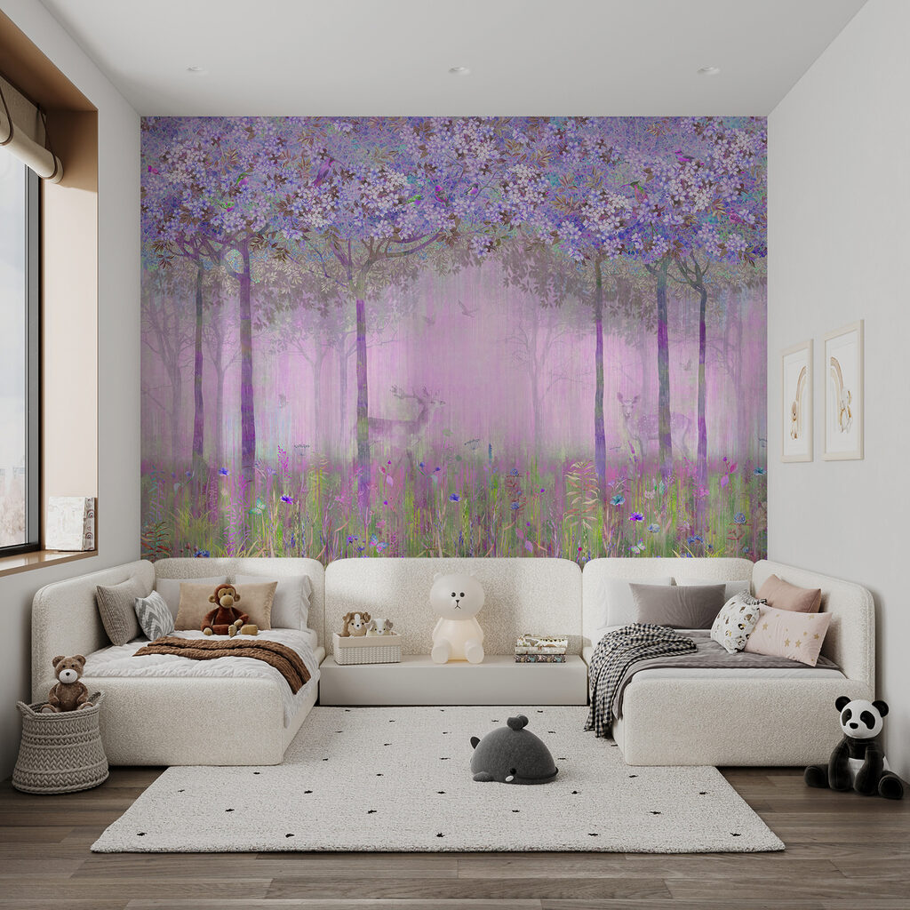 A painting of a forest with flowers