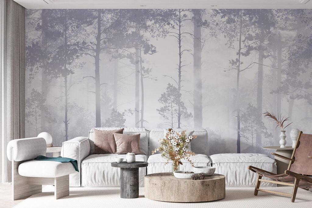 A foggy forest with tall trees