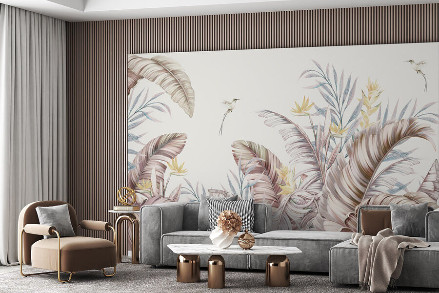 O pictură de plante tropicale și păsări O pictură de plante tropicale și păsări