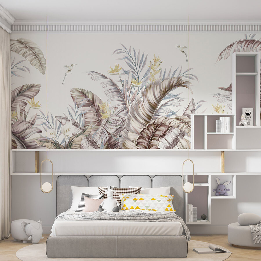 O pictură de plante tropicale și păsări O pictură de plante tropicale și păsări