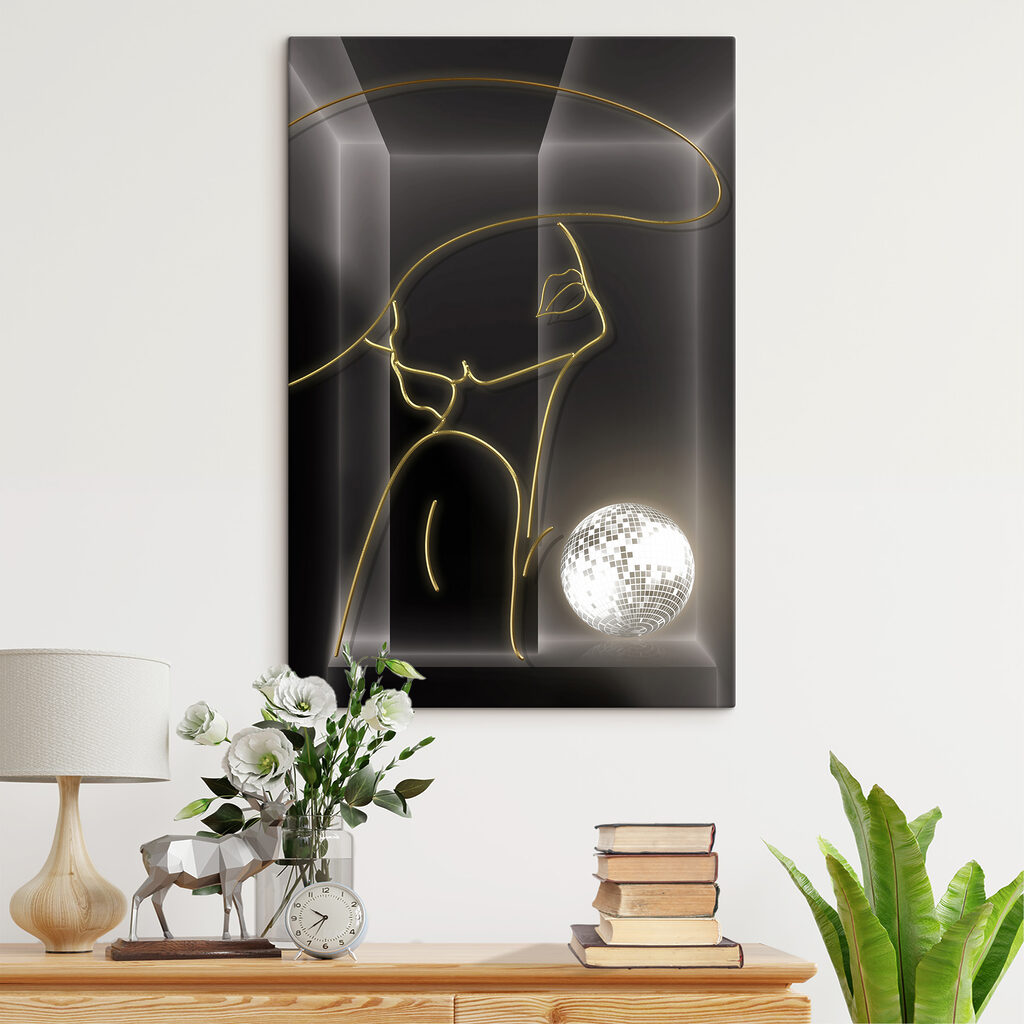 A drawing of a woman with a disco ball