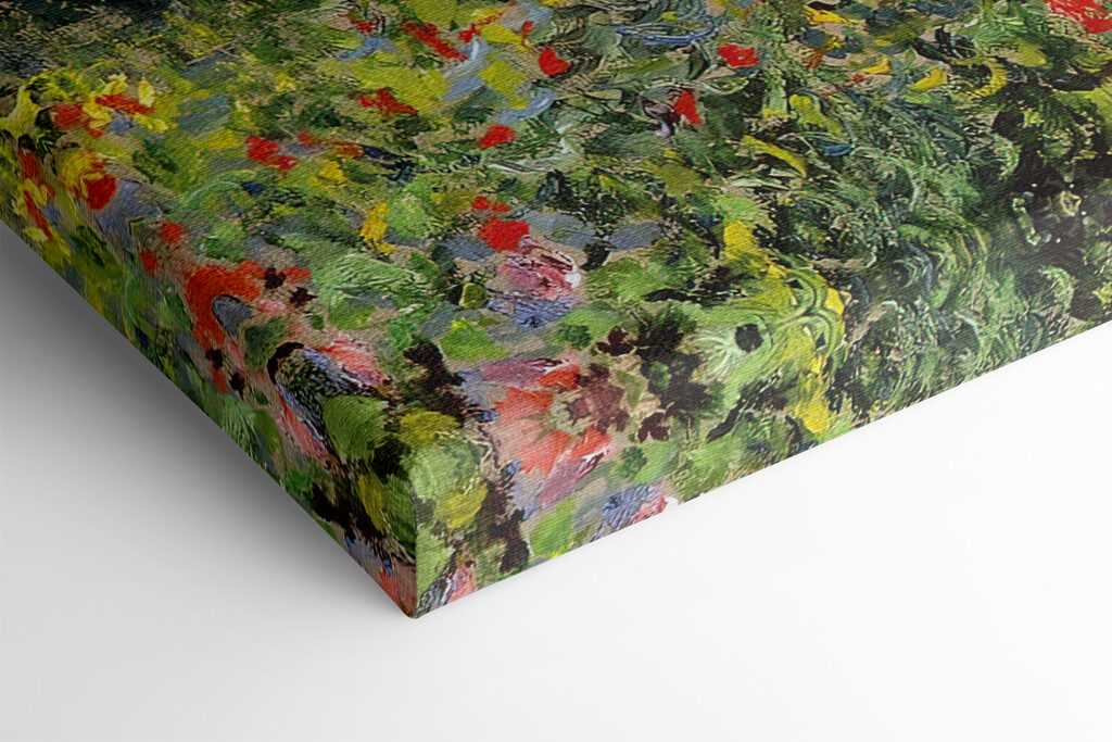 A painting of a garden with flowers and trees A painting of a garden with flowers and trees