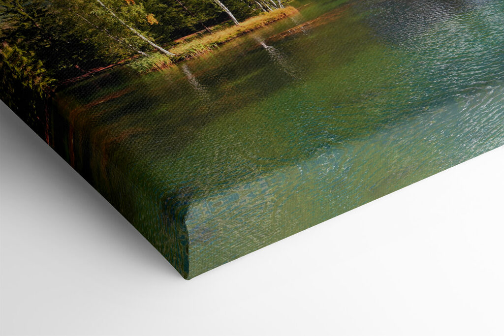 A lake surrounded by trees and mountains