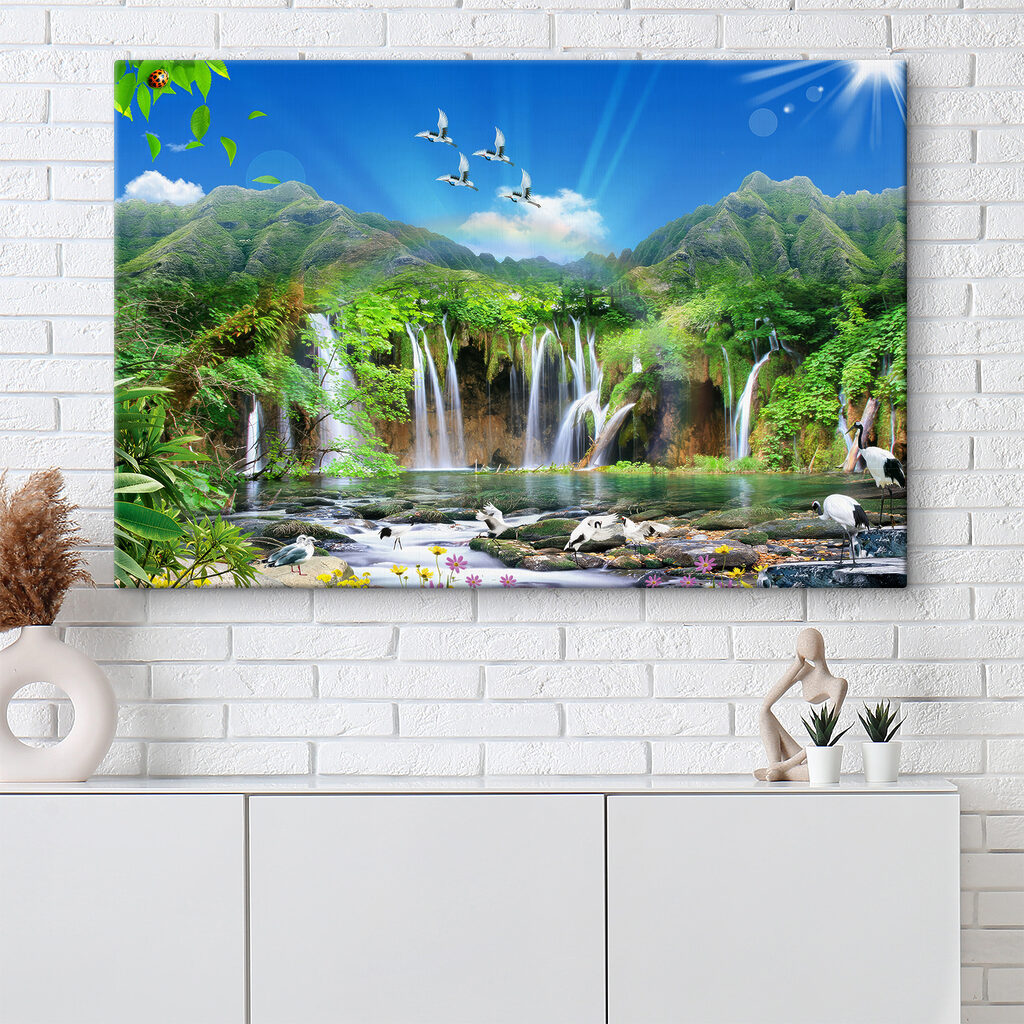 A waterfall with birds flying over it