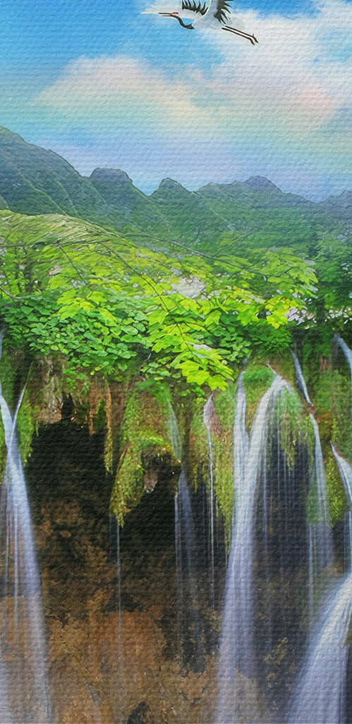 A waterfall with birds flying over it