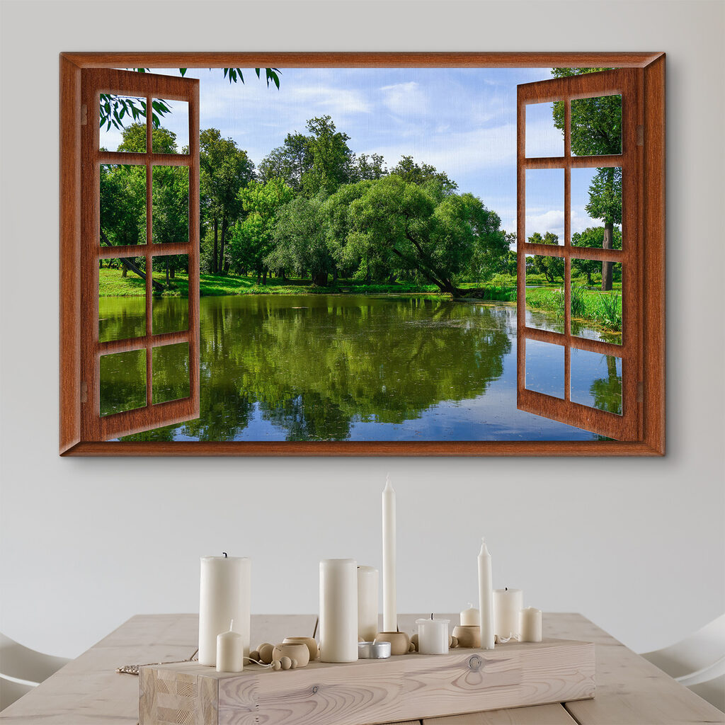A window with a lake and trees