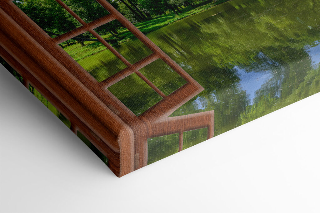 A window with a lake and trees