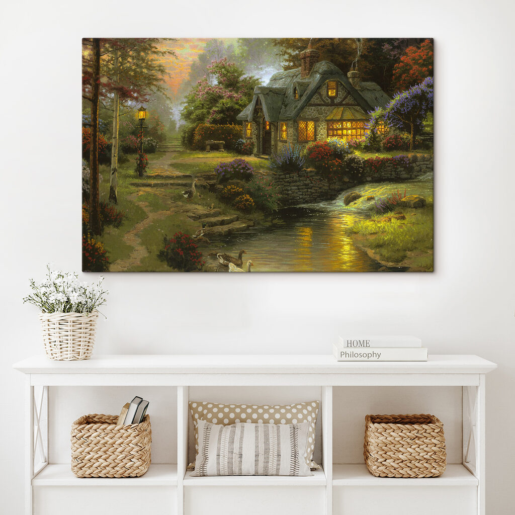 A painting of a cottage by a river A painting of a cottage by a river