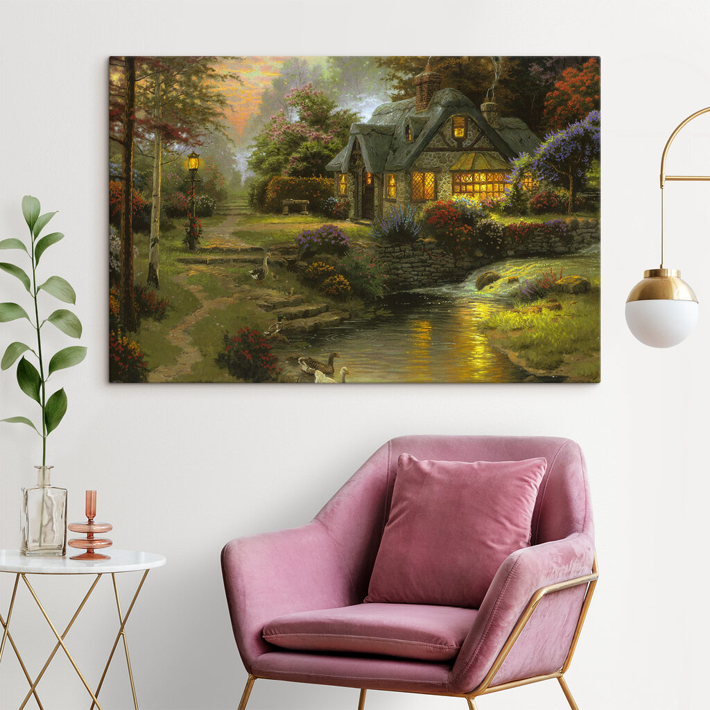 A painting of a cottage by a river A painting of a cottage by a river