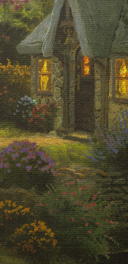 A painting of a cottage by a river A painting of a cottage by a river