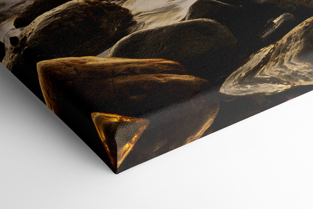 A sunset over a rocky beach