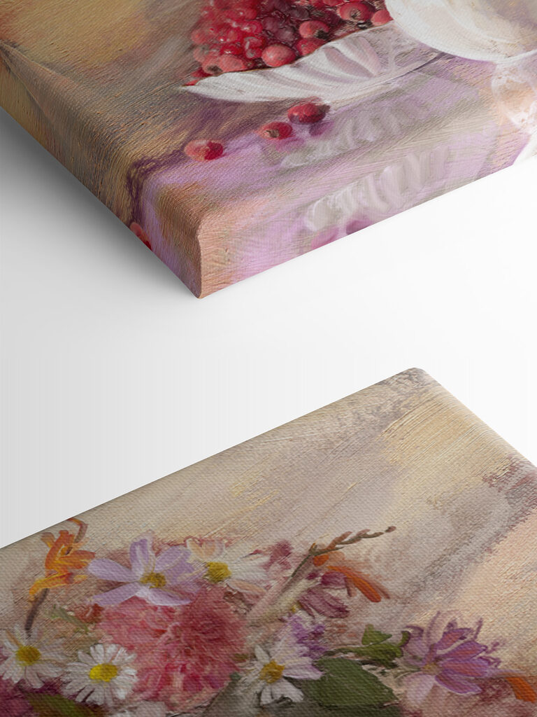 A painting of flowers in a vase and a bowl of croissants