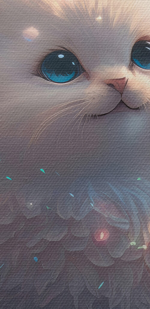 A white fluffy cat with blue eyes