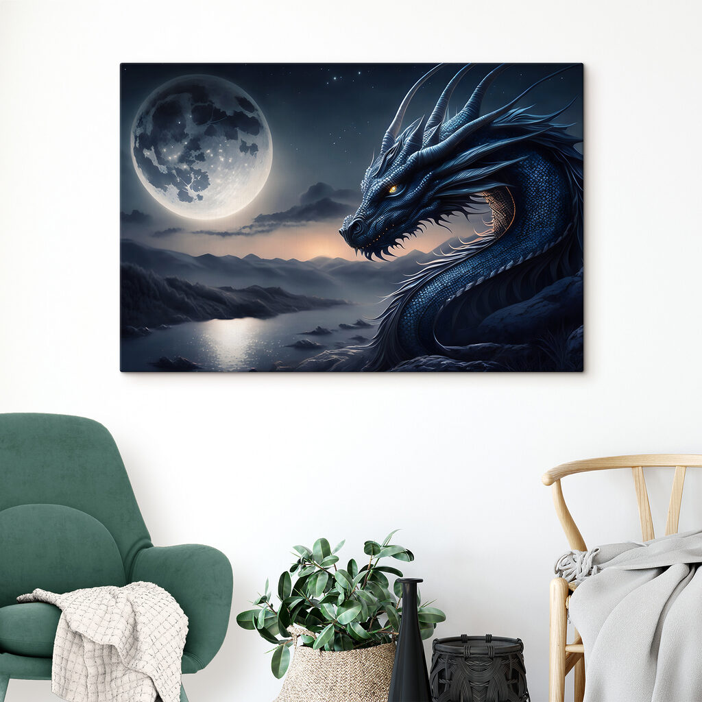 A blue dragon with a moon in the background