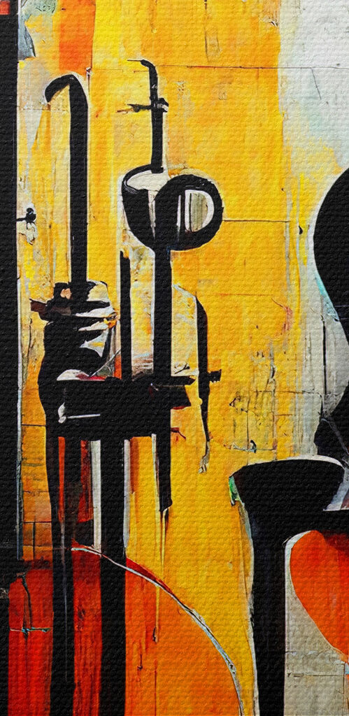 A painting of guitars and instruments A painting of guitars and instruments