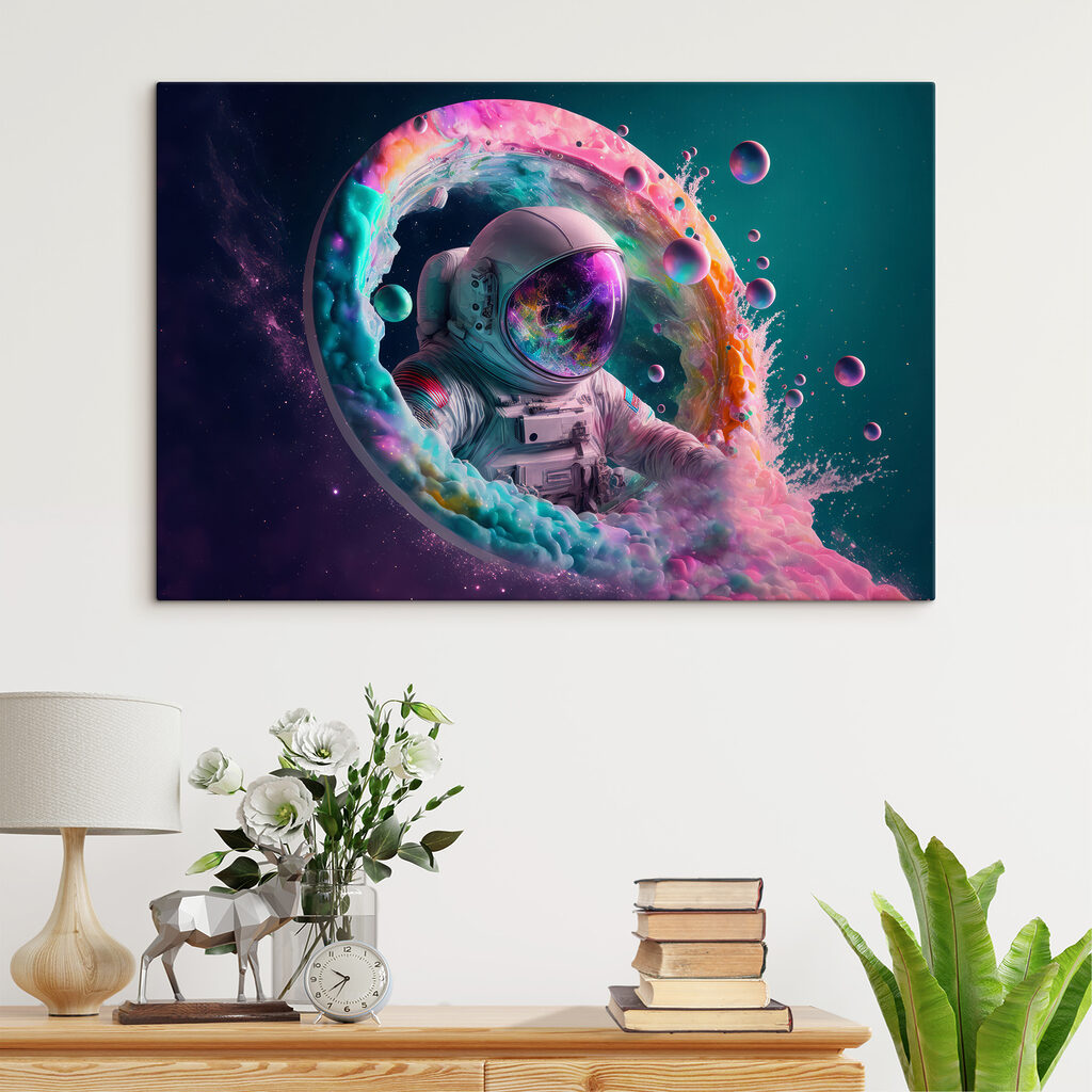 An astronaut in a colorful circle