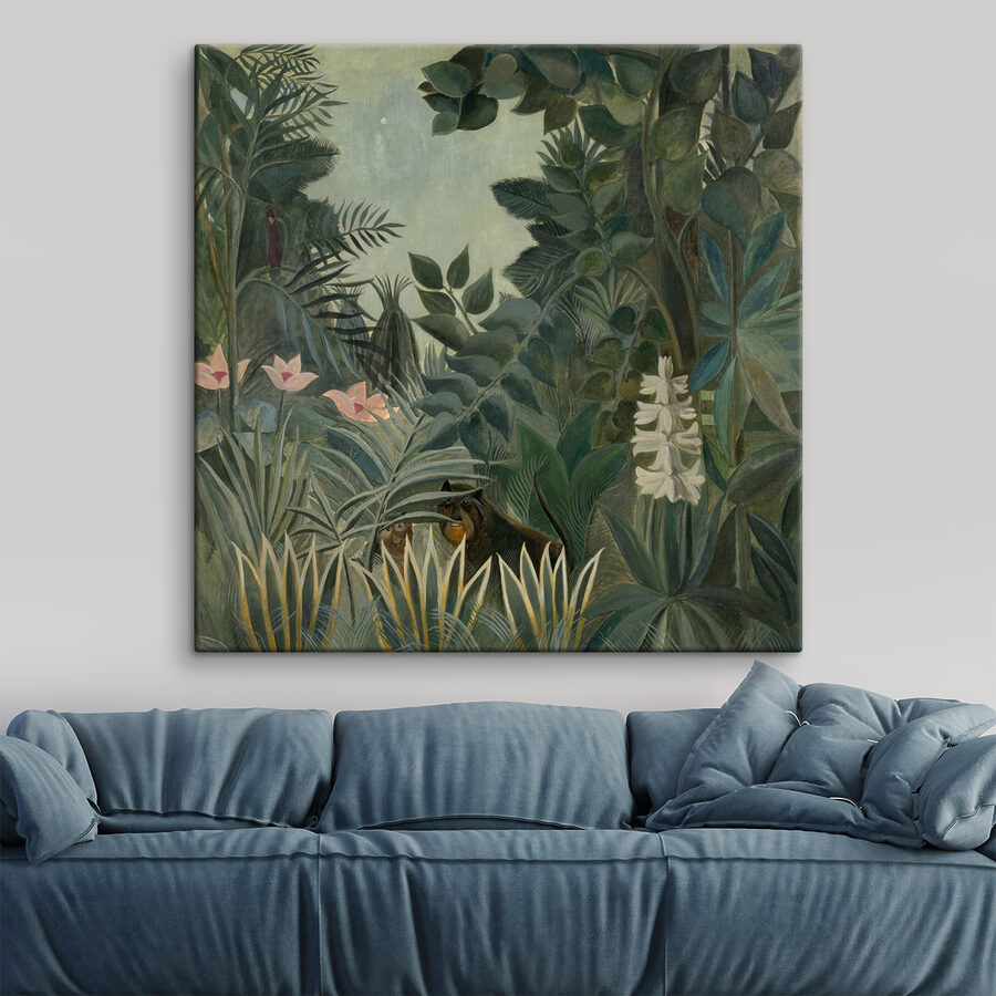 O pictură a unei jungle cu plante și flori