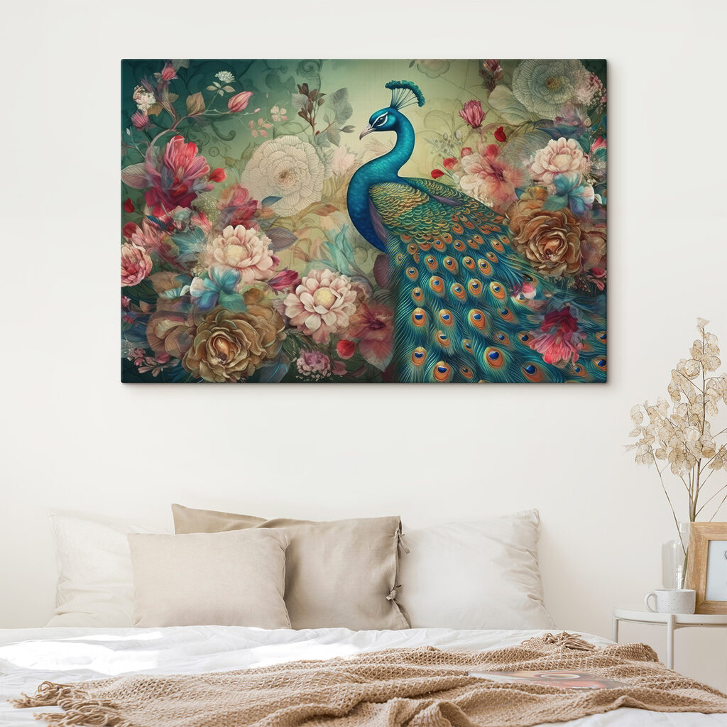 A peacock with flowers and leaves