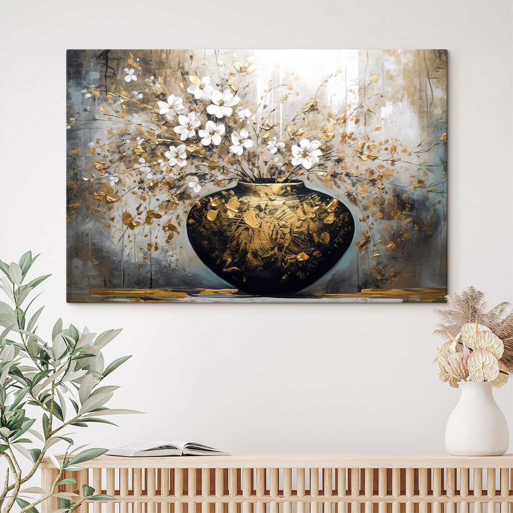 A painting of flowers in a vase