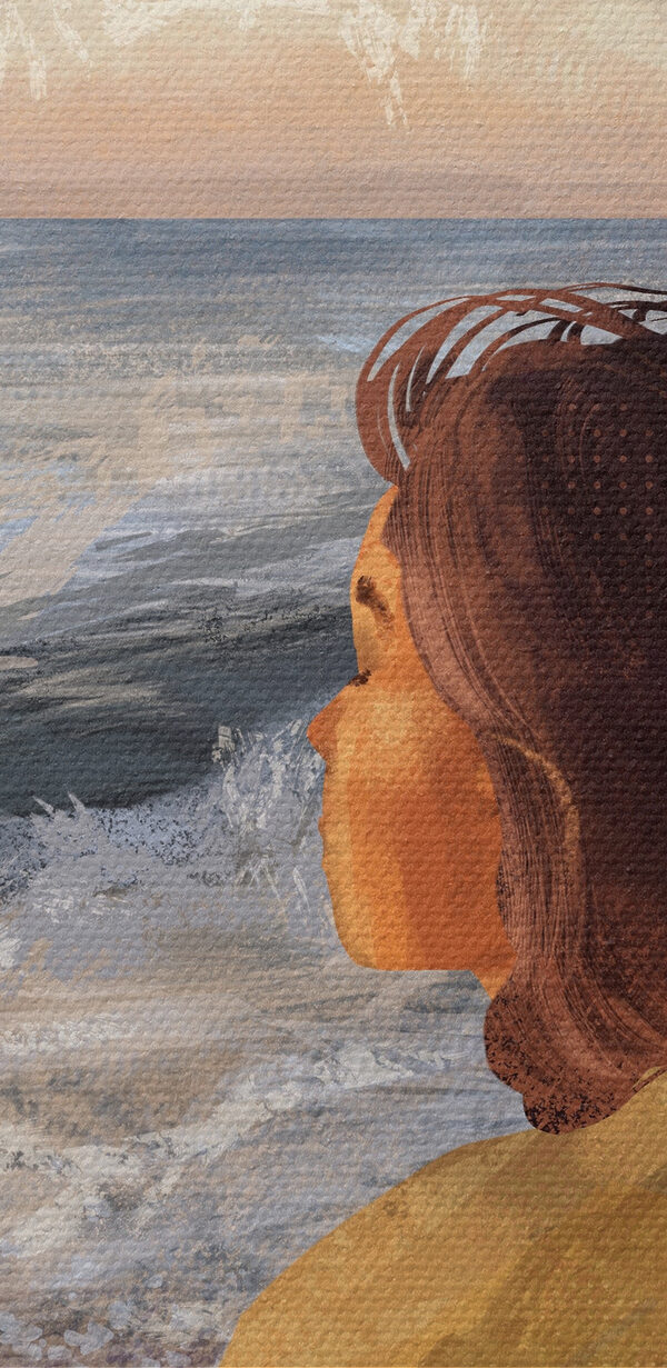 O femeie care stă pe o plajă și privește spre ocean O femeie care stă pe o plajă și privește spre ocean