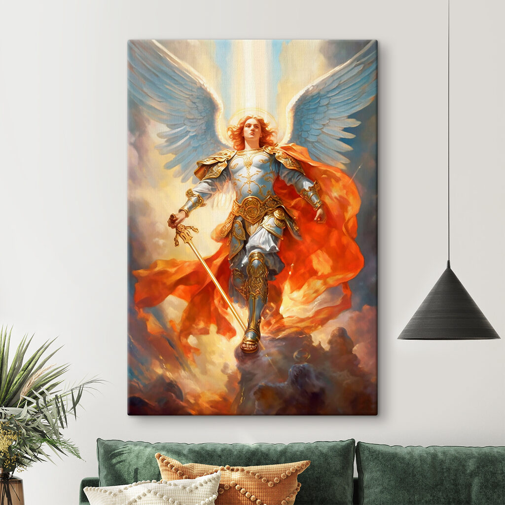 A painting of a person in armor with wings and a sword A painting of a person in armor with wings and a sword