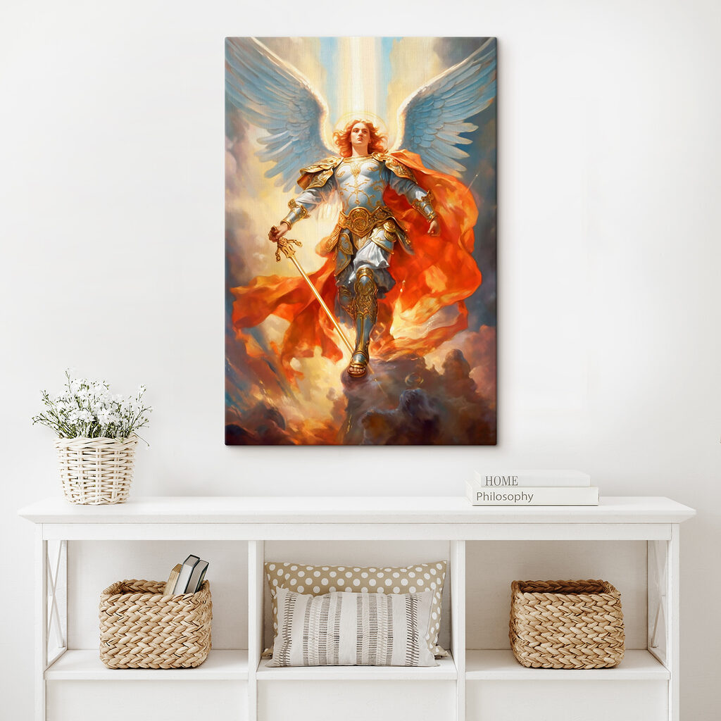 A painting of a person in armor with wings and a sword A painting of a person in armor with wings and a sword