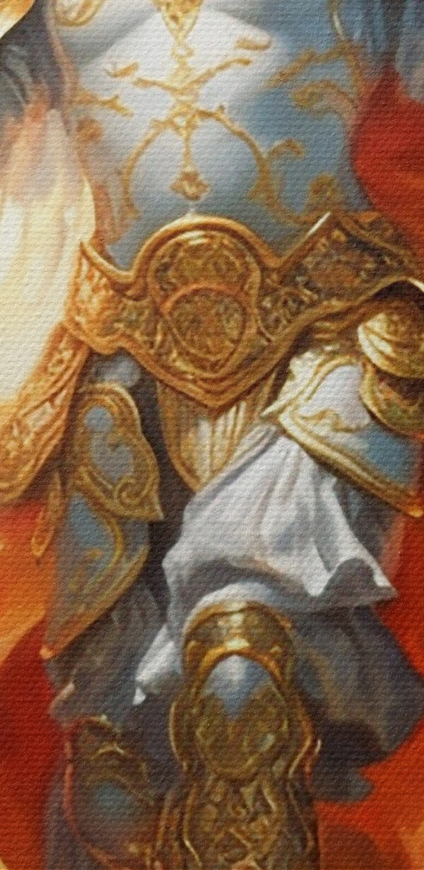 O pictură a unei persoane în armură cu aripi și o sabie O pictură a unei persoane în armură cu aripi și o sabie