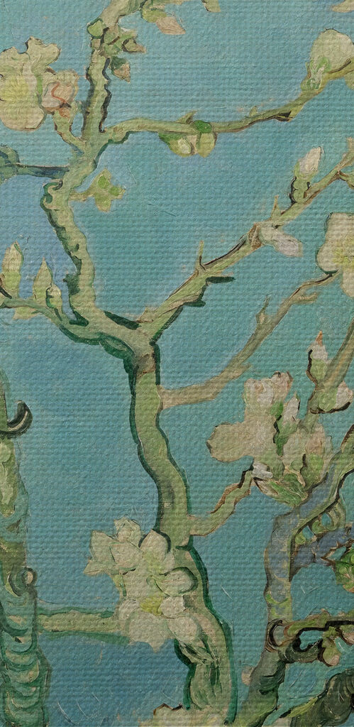 A painting of a tree with white flowers