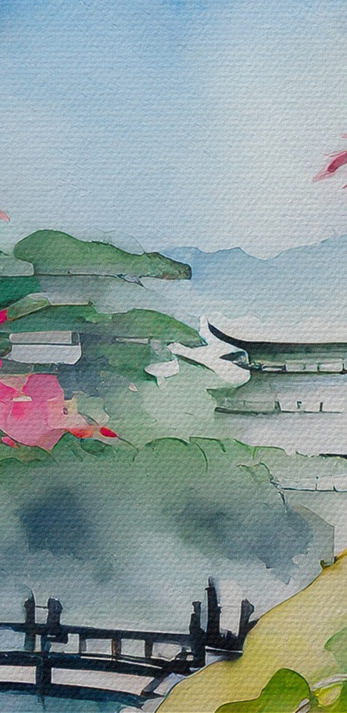 Watercolor painting of a mountain and trees with pink flowers