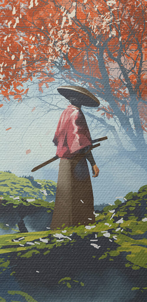 A person standing in a field with swords A person standing in a field with swords