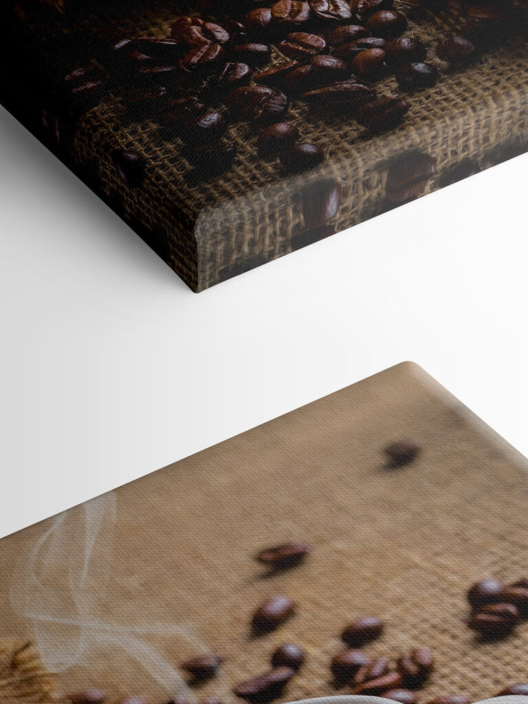 A cup of coffee and a bag of coffee beans