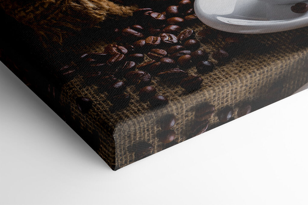 A cup of coffee and a bag of coffee beans