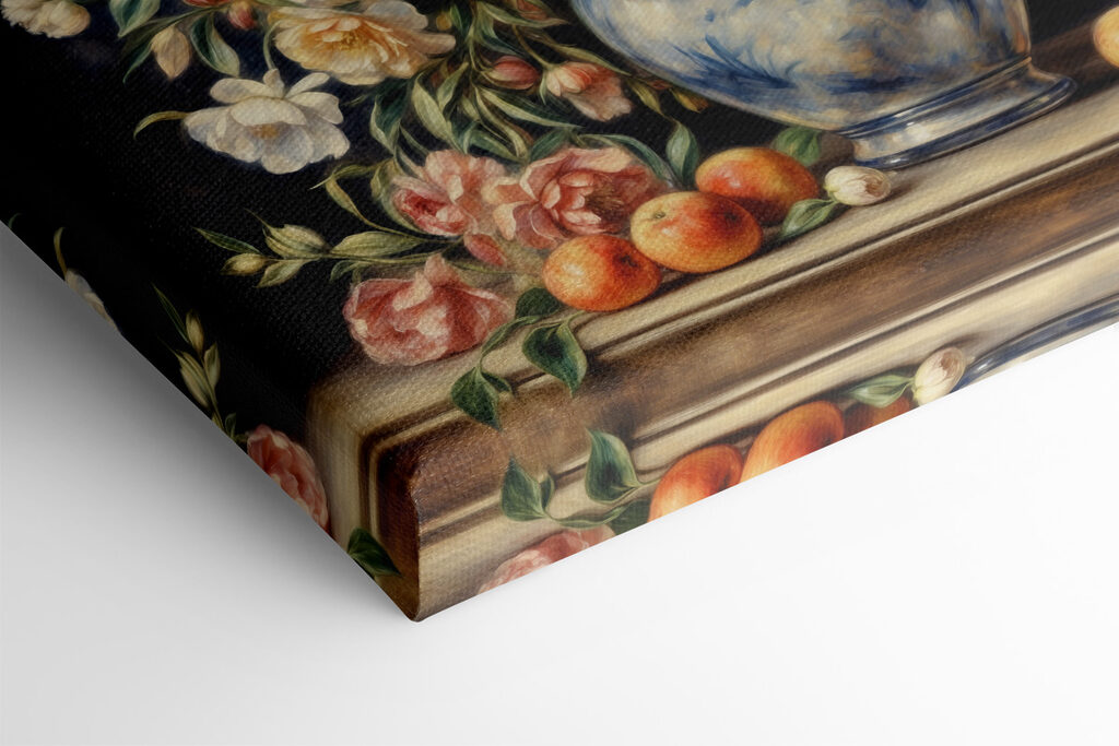 A painting of flowers in a vase and fruit A painting of flowers in a vase and fruit