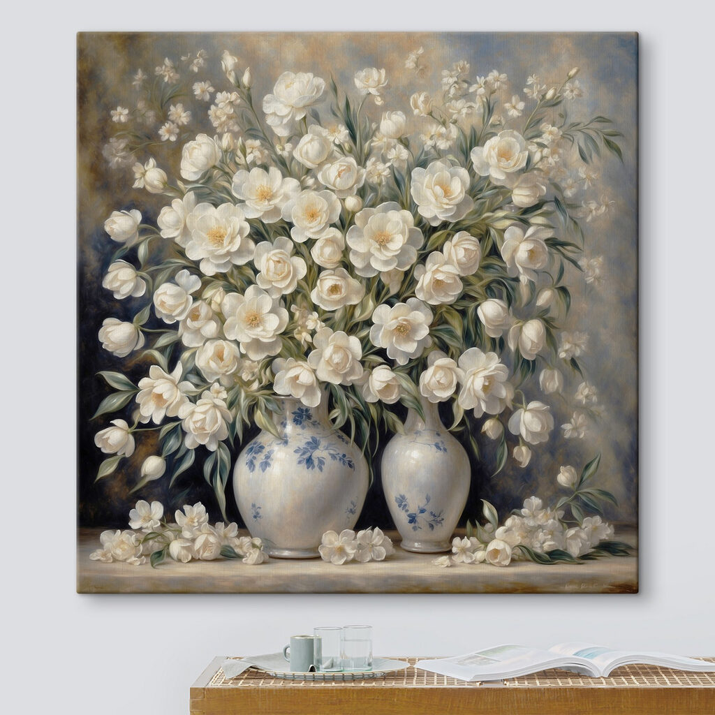 A painting of white flowers in vases