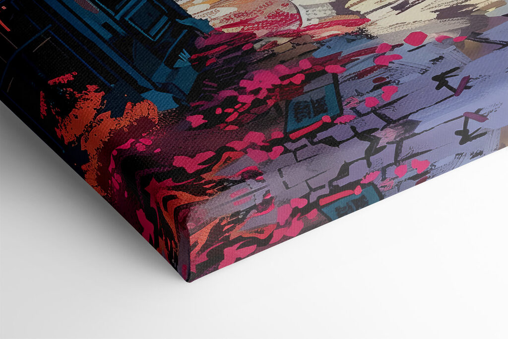 A street with tables and chairs and umbrellas