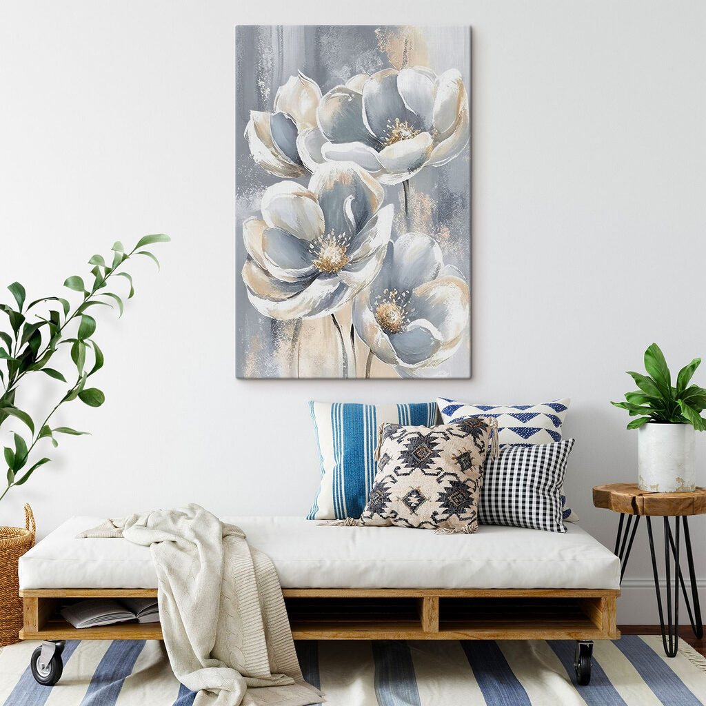 A painting of flowers on a grey background