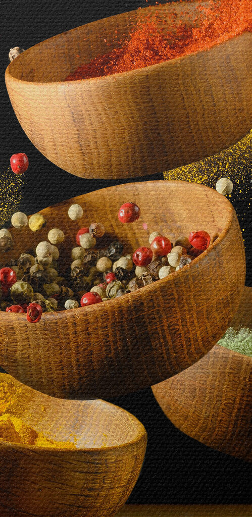 A group of bowls with spices and herbs