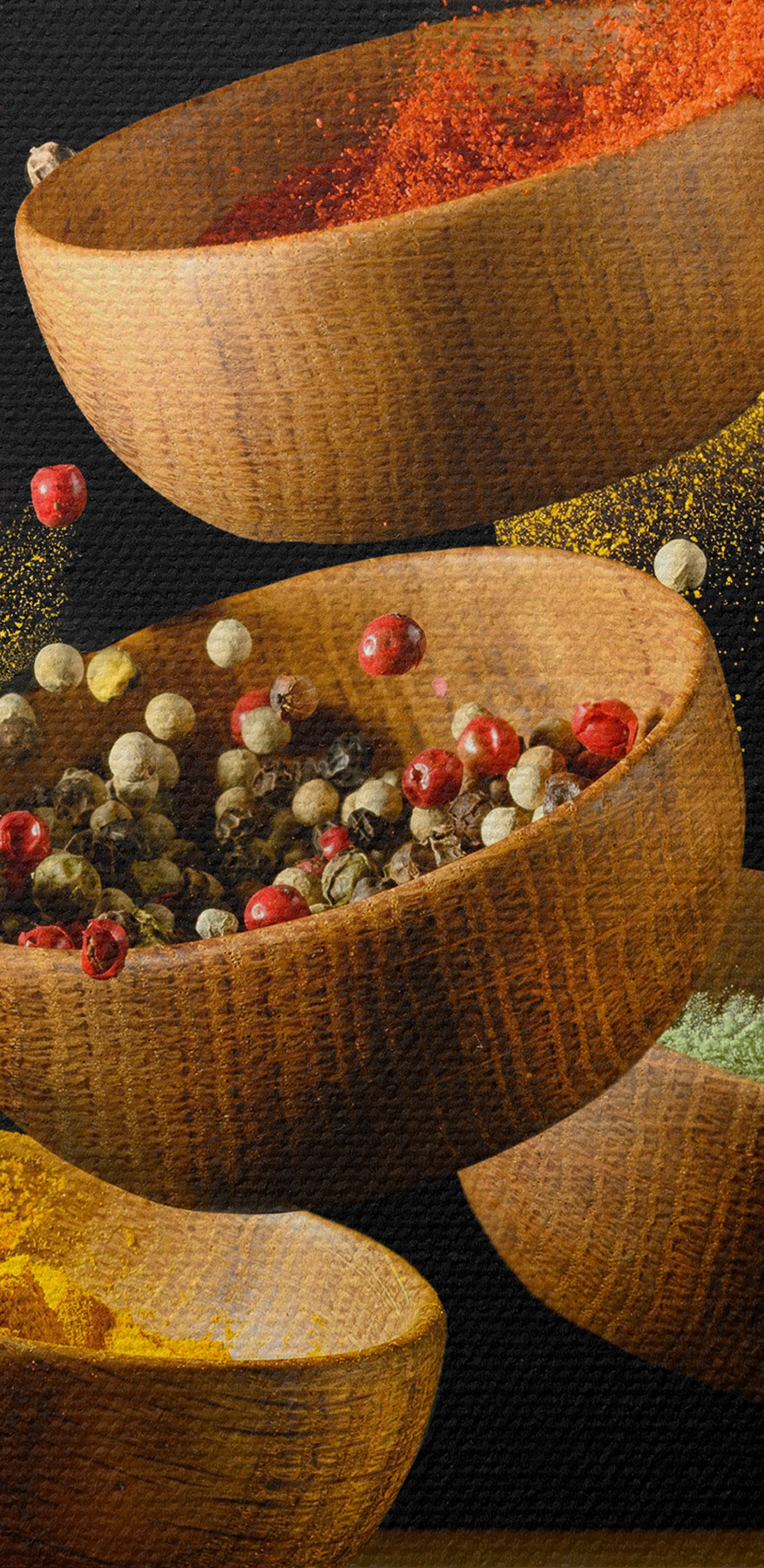 Un grup de boluri cu condimente și ierburi aromatice